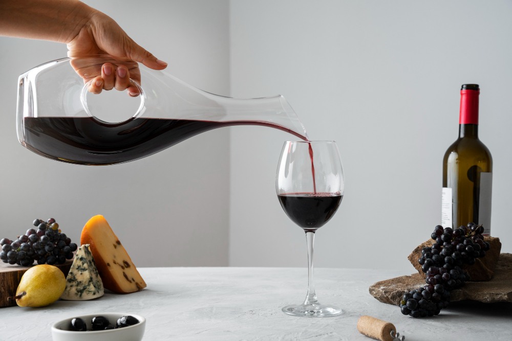 Vue latérale main verser du vin dans un verre