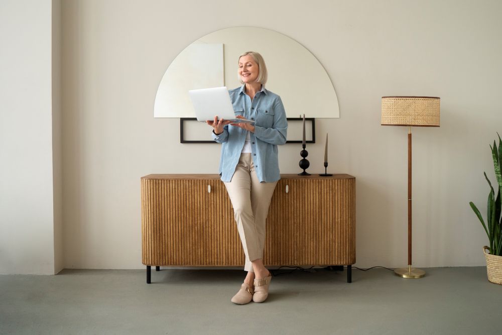Intérieur contemporain aménagé avec du mobilier en bois, un grand miroir et un lampadaire, illustrant l’intégration soignée d’une trappe de cave dans un salon.